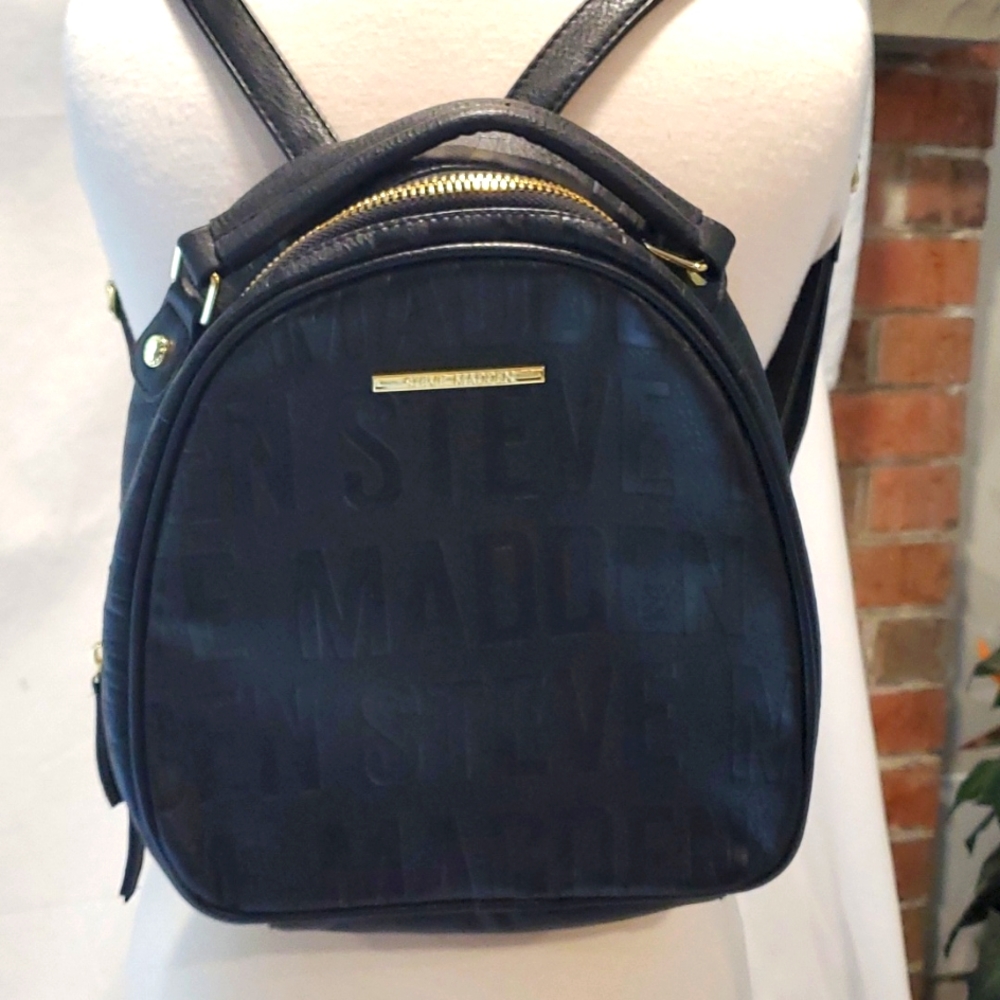 Steve madden black w gold acc. pu back pack w logo on front & back.